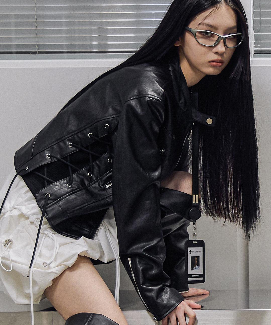Lace Up Biker Leather Jacket (BLACK)