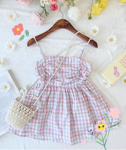 핑블체크 끈 블라우스