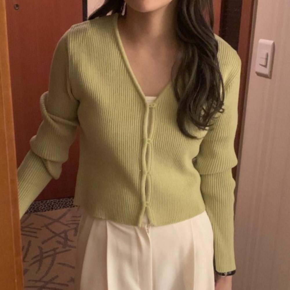 골지가디건 브이넥가디건 연두색가디건