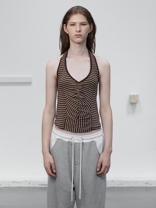 STRIPE HALTER NECK SLEEVELESS / BROWN
