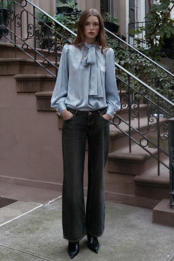 리본 자카드 새틴 셔츠