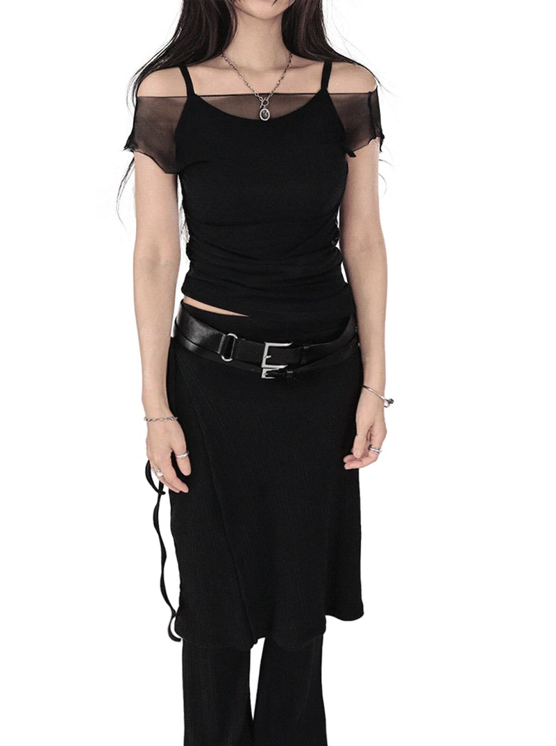 MOOD MESH DOUBLE OFF-SHOULDER UNBAL TOP 무드 메쉬 더블 오프숄더 셔링 언발티 (3COLORS)