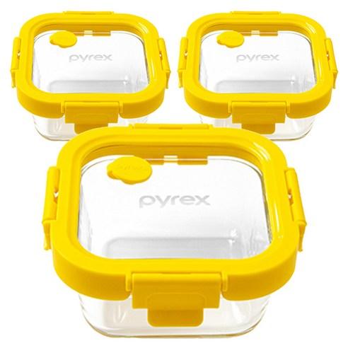 파이렉스 스팀 앤 올 글라스 정사각 밀폐용기 Yellow 320ml, 3개 - 밀폐용기/세트 | 쿠팡