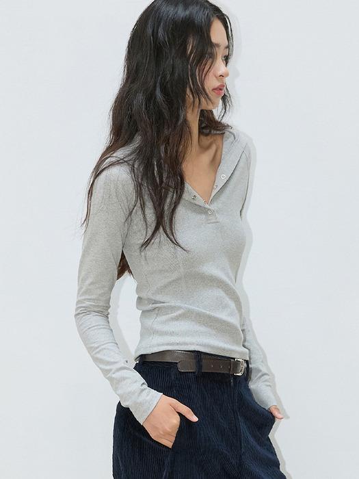 BUTTON UP COLLAR RIBBED TOP MELANGE GREY