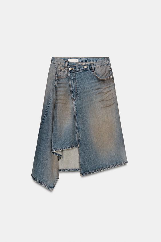 TRF 언밸런스 데님 미디 스커트