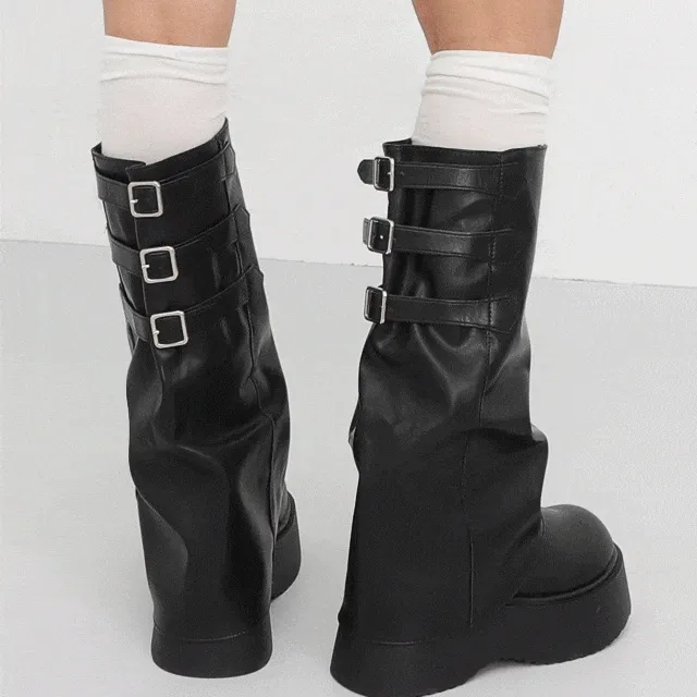 ⚡당일출고⚡하비부츠🖤 3버클 라운드토 통굽 니하이 롱부츠 워머 플랫폼 신발 스트릿 L-12078