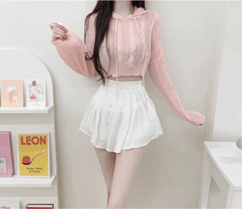 [꾸안꾸 귀욤여친] 파스텔 꽈배기 후드 크롭 니트