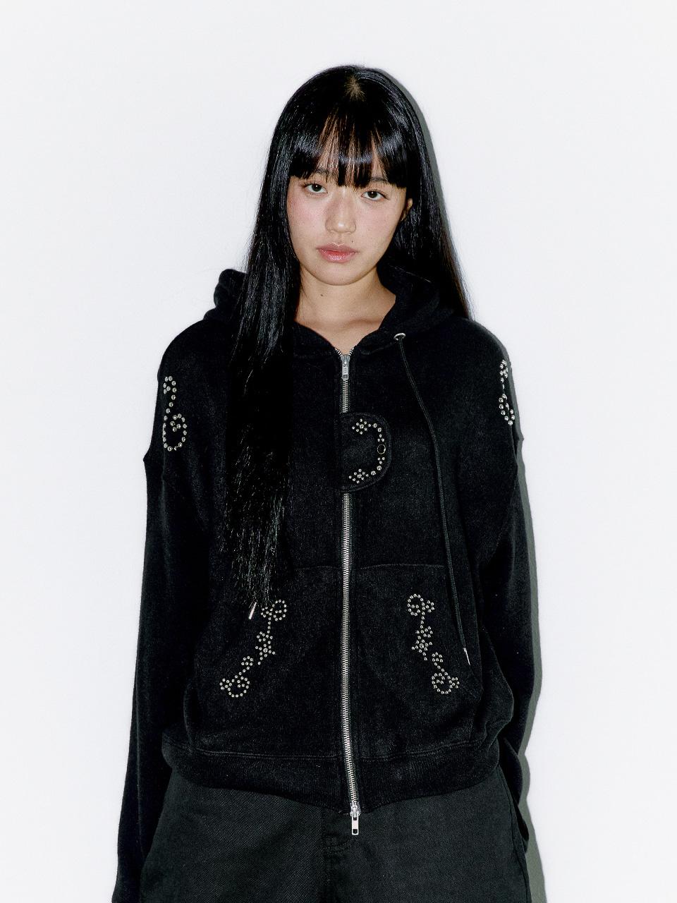 STUDDED TWO-WAY HOODIE ZIP UP, BLACK
