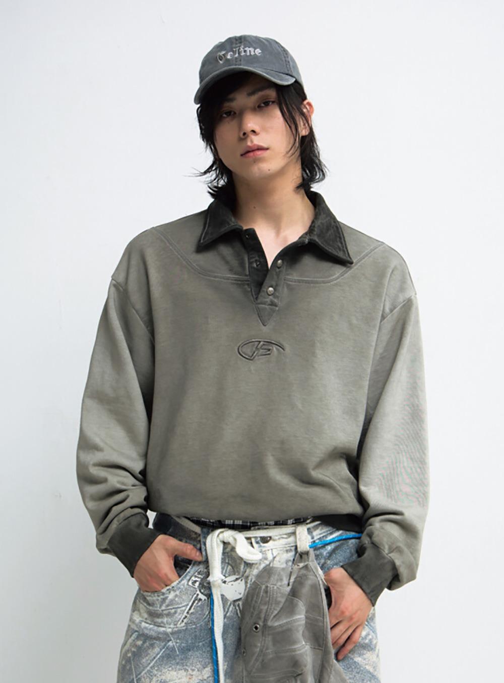 [PEOPLESTYLE] Vintage Washed Polo Collar Sweatshirt
