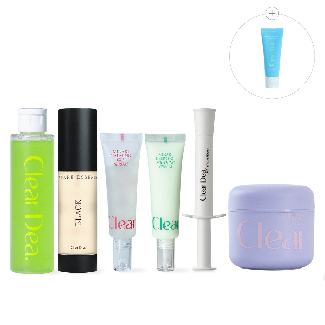 [클디 루틴 키트]  어웨이크 에센스 블랙 + 미나리 트리오(클렌저&젤세럼&수딩크림) + 뮤신 콜라겐 딥 크림 앰플 + 쉬폰 딥레이어 엑토살구밤 + (증정) 청초핏 틴티드 선로션