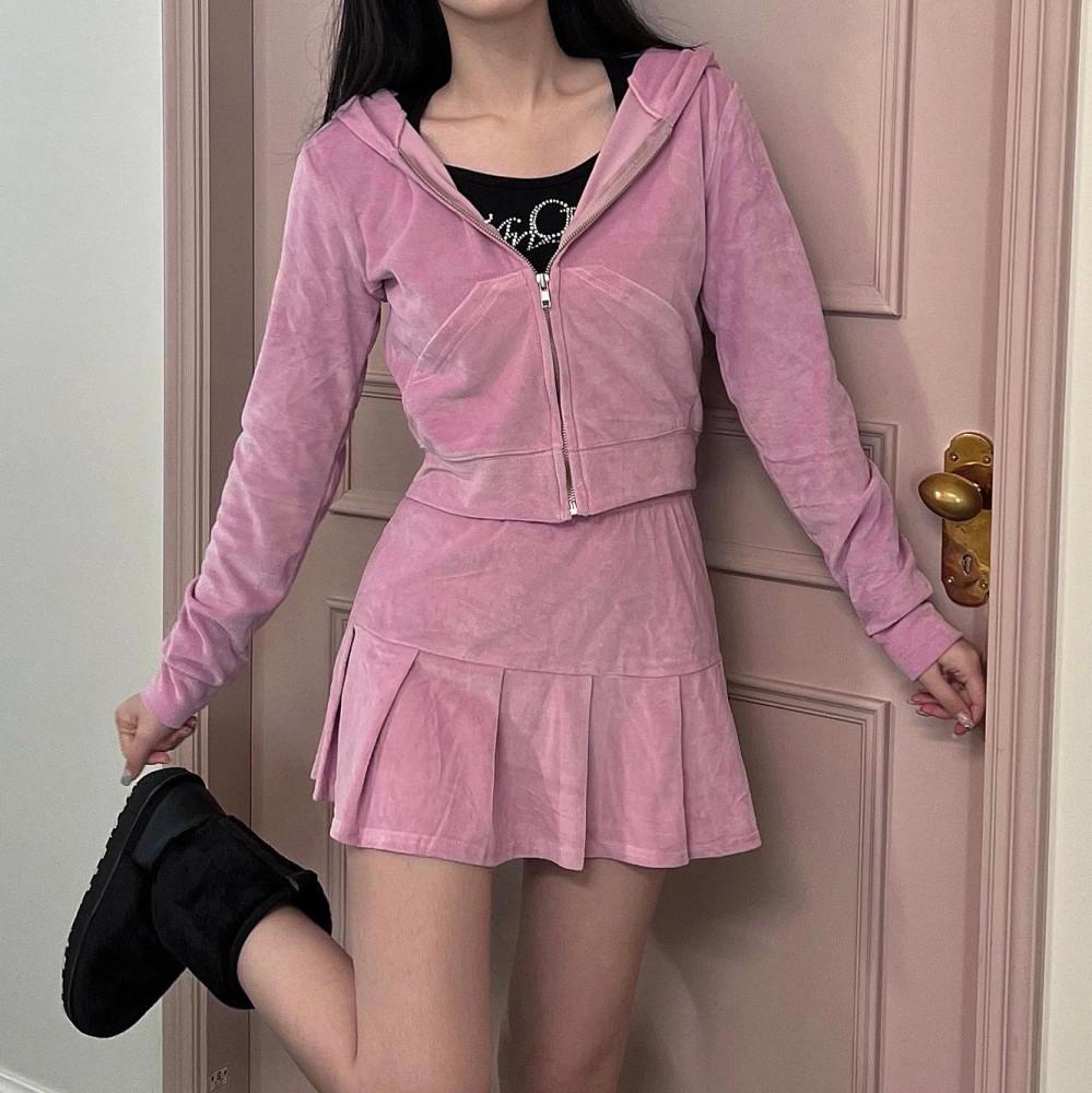 벨벳 트레이닝 크롭 후드 집업 치마 세트