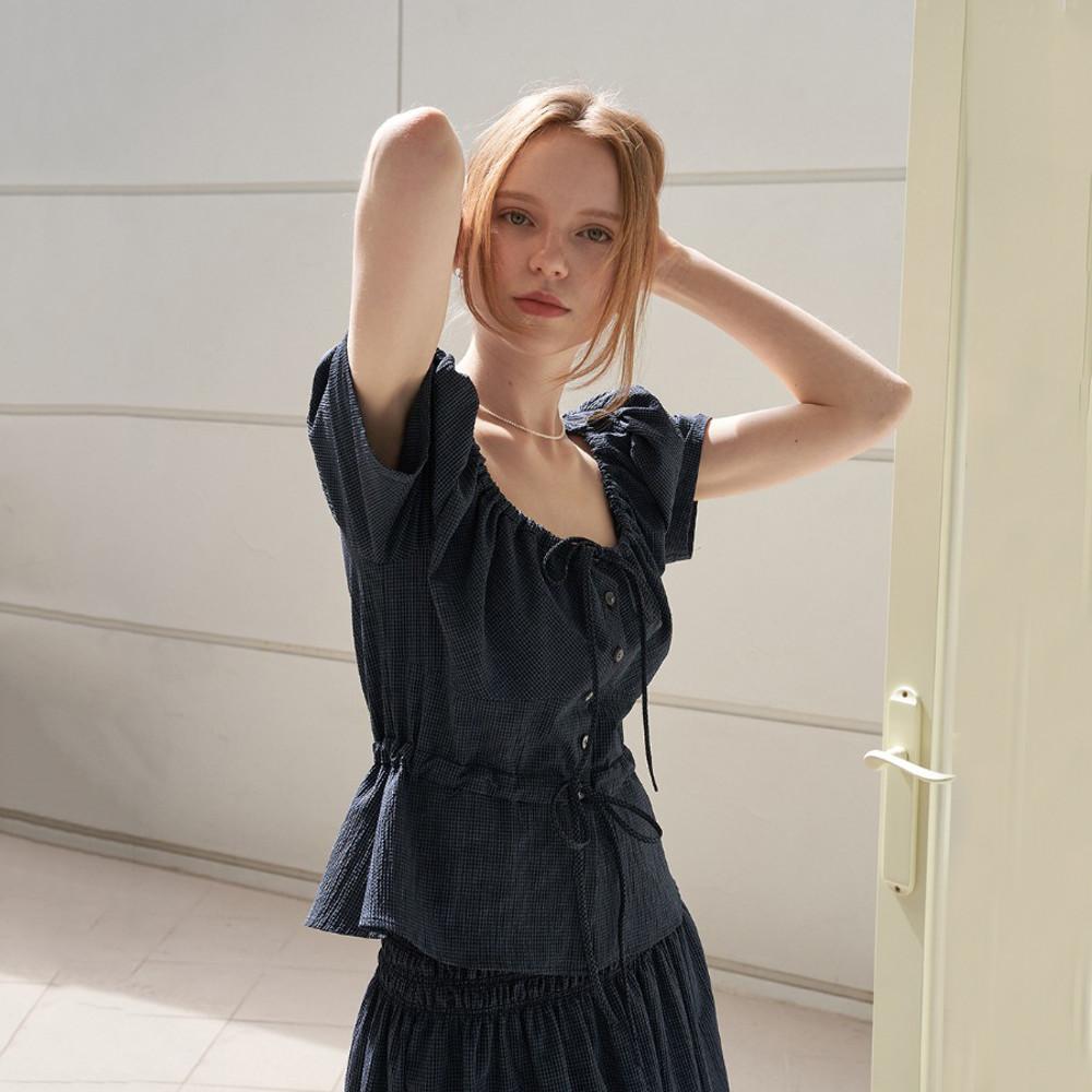 [플루이드] FLUID GINGHAM CHECK RIBBON BLOUSE (BLUE)