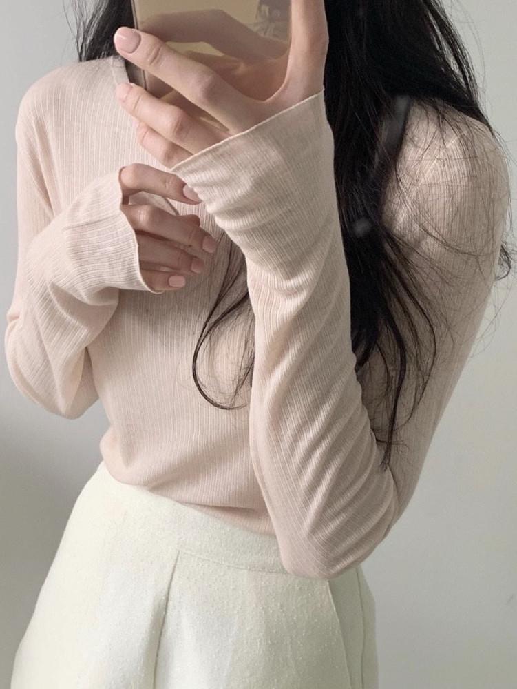 [르라니/당일] riette 리에뜨 캐시 골지 티셔츠 라운드 긴팔 크롭 시스루 t (4color)