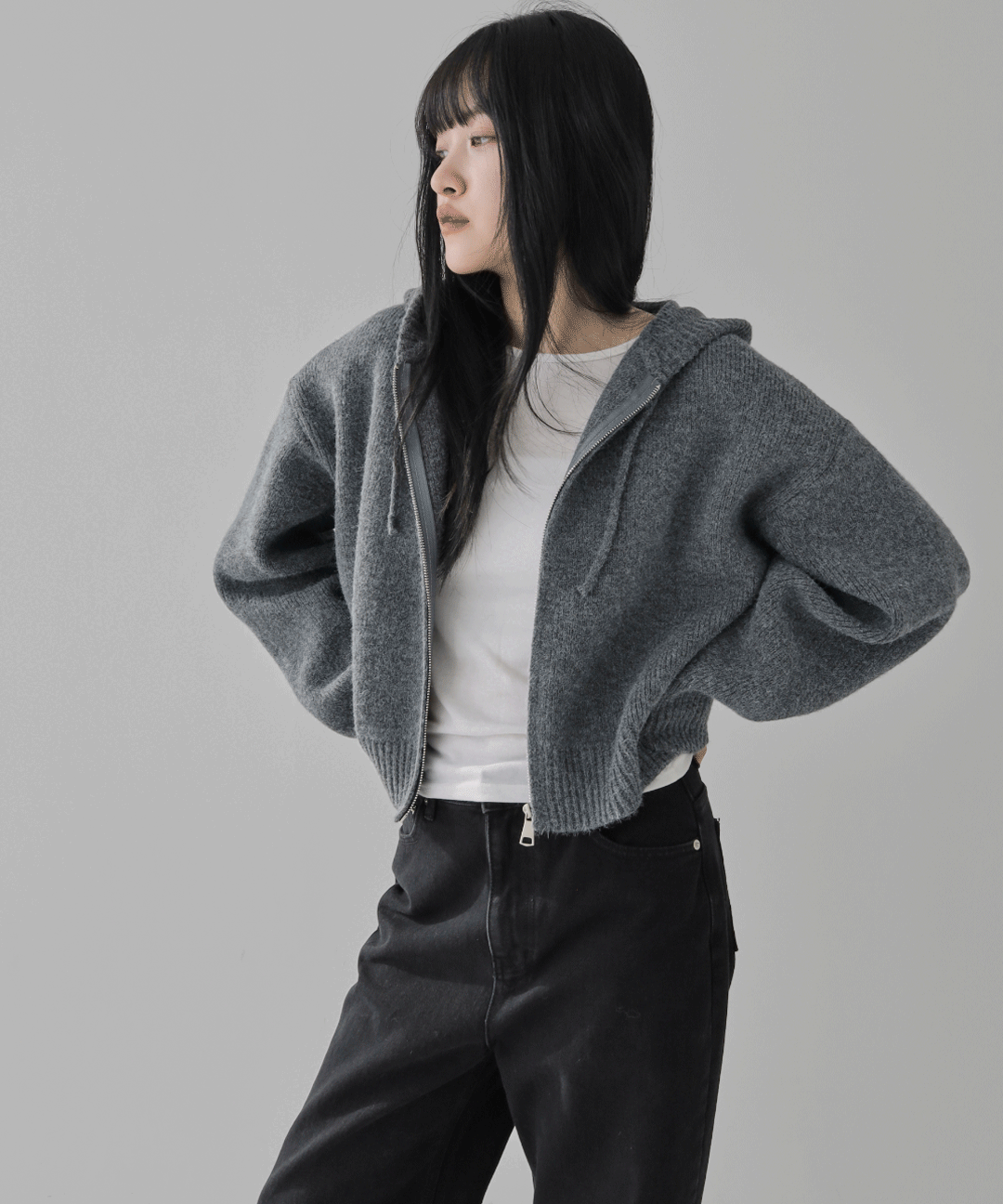 후드 숏 니트 집업