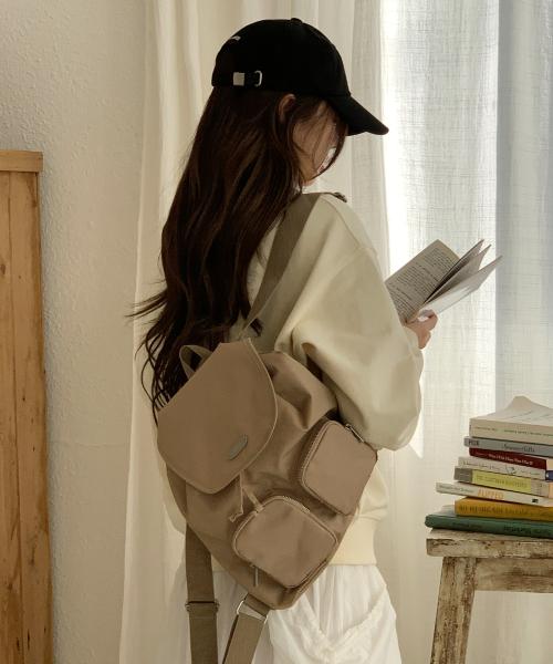 나일론 더블 포켓 스트링 백팩_BEIGE