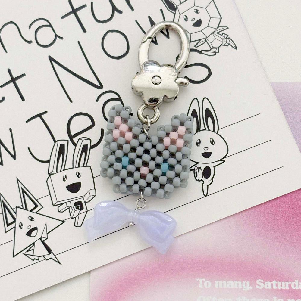 리본 키티 캣 비즈 키링 - 그레이(saema)