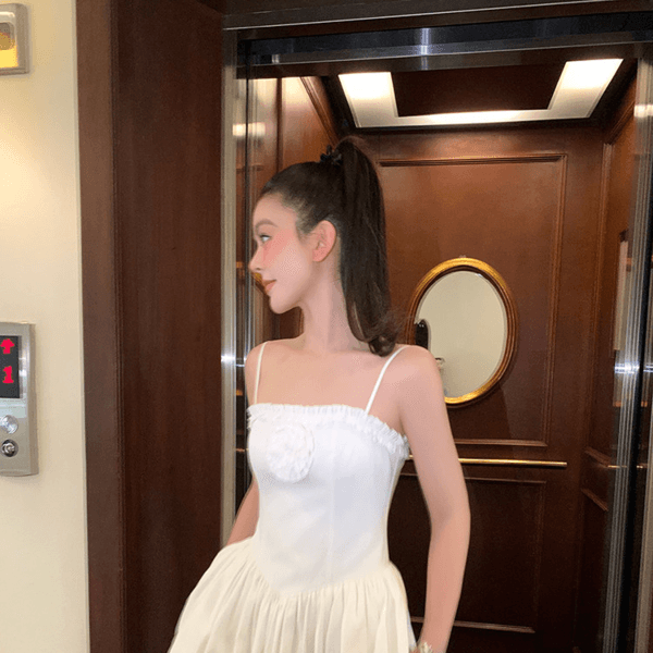 LRIB White pleated handmade lace strap dress