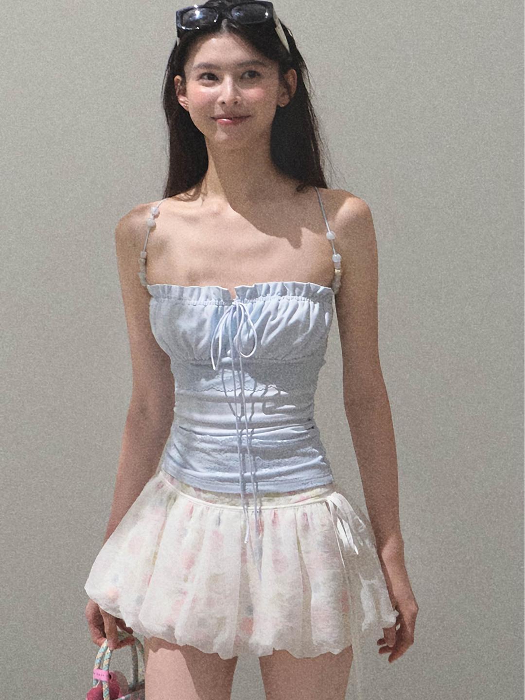 [OAK MOO] "Summer Ritual\" Crystal Shirring Sleeveless Top