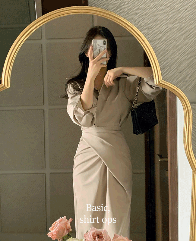 7부소매 셔츠 랩 롱원피스 - 2color