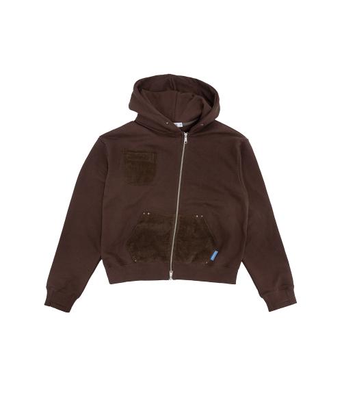 Unbalanced Studded Hoodie Zip-Up Brown