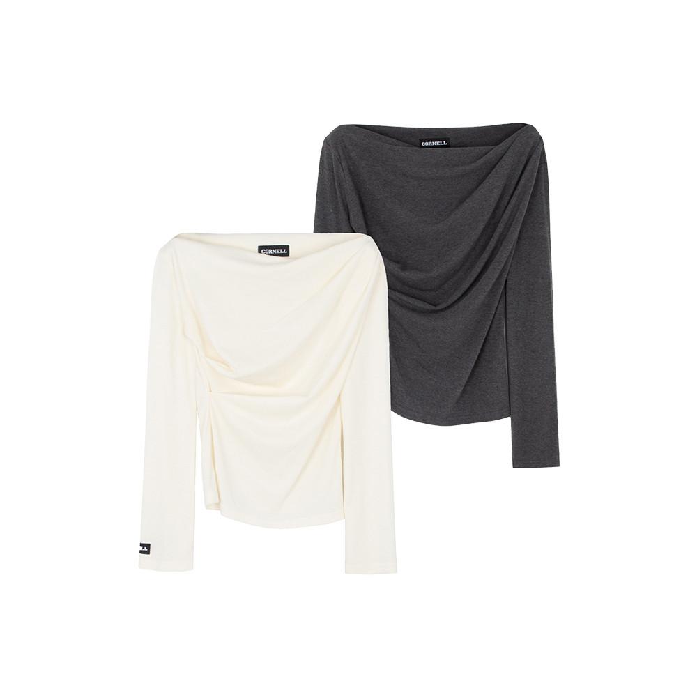 코넬 보트넥 드레이프 티셔츠 셔링 여자 긴팔 티셔츠 2 Colors
