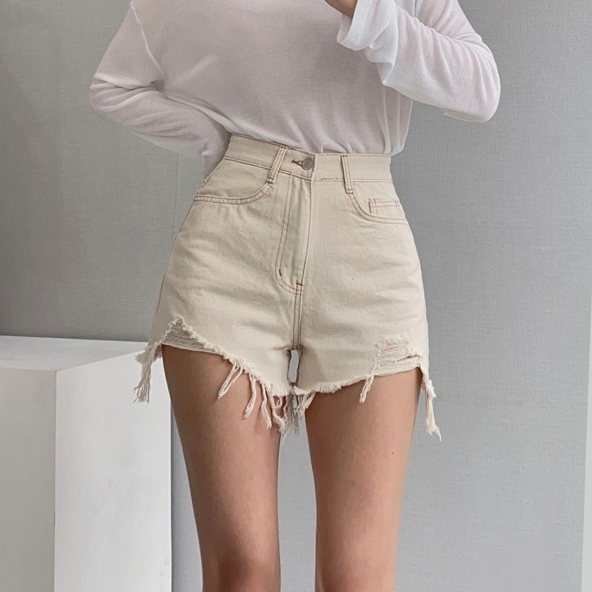 10%할인 #주문폭주 [ 예쁜골반핏/밑단헤짐 ] 피어 탄탄코튼 찢청 여름 하이웨스트 3부 찢청 구제 미니 숏 반바지