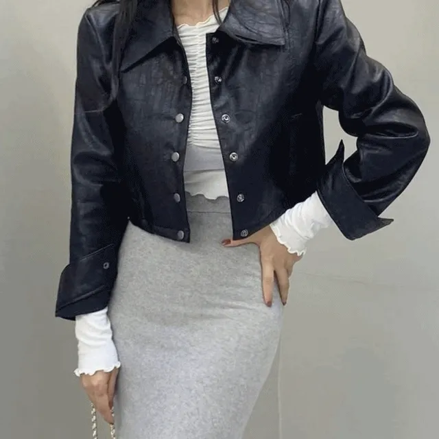 [이뻐서 24시간 특가] 뾰족 카라 슬림 레더 숏 자켓