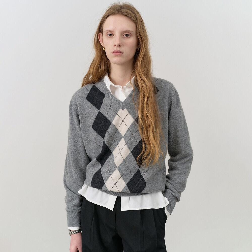 UNISEX V-NECK ARGYLE SWEATER MELANGE GREY_UDSW4C106G2