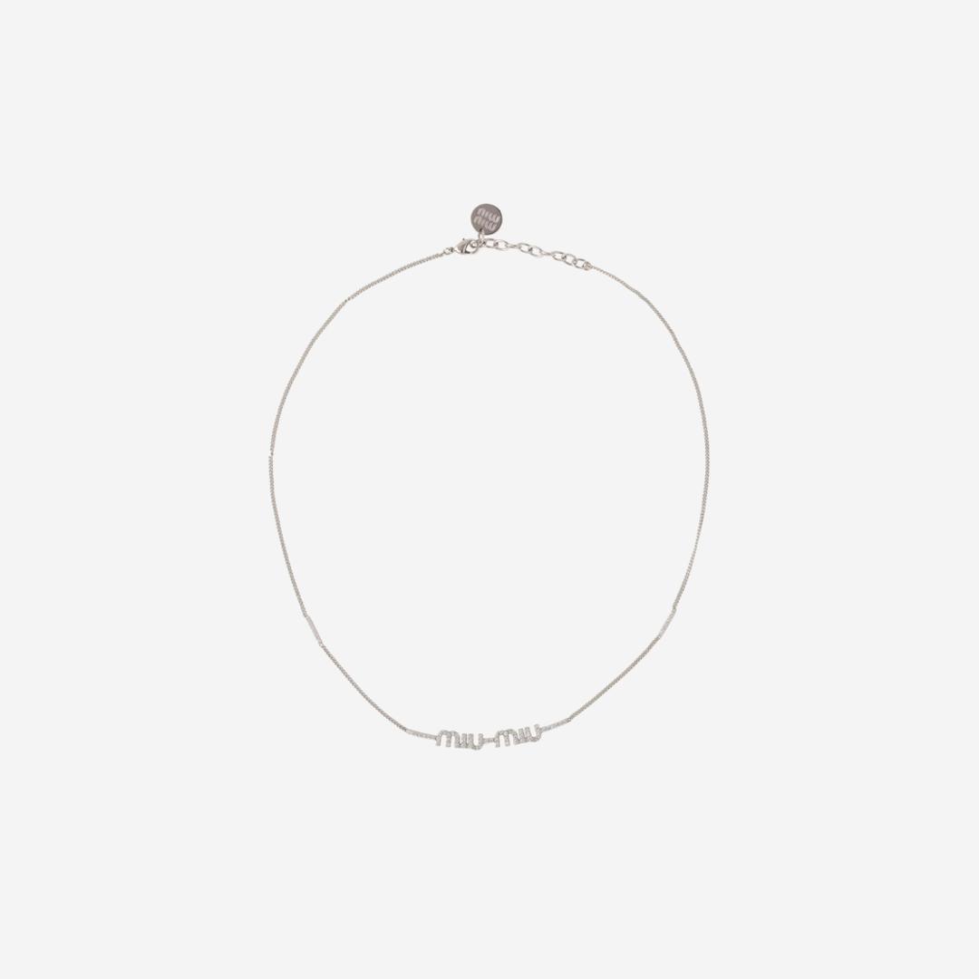(W) Miu Miu Crystal Metal Necklace Steel Crystal