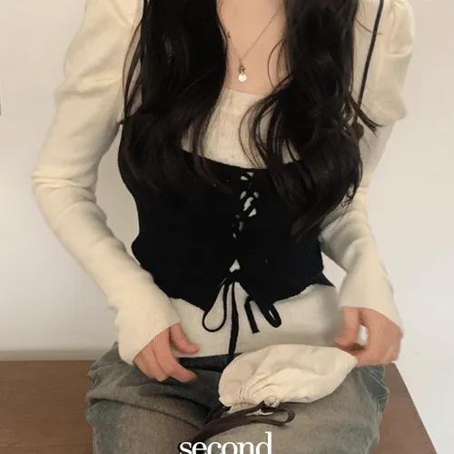 [데이트룩🩰/페미닌] 넬리 비스코스 퍼프 뷔스티에 골지 슬림핏 크롭 봄 니트 (1color) 봄옷/봄신상/봄코디/봄니트/여행룩/크롭니트