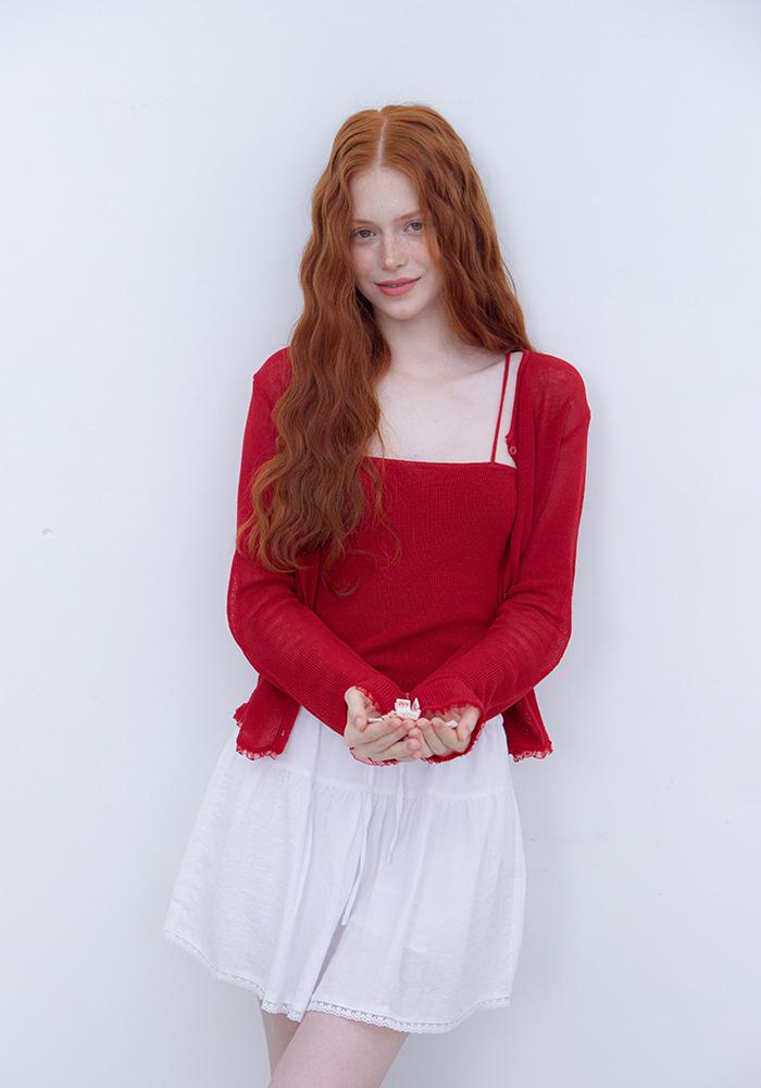 LACE FRILL CARDIGAN & SLEEVELESS SET-RED