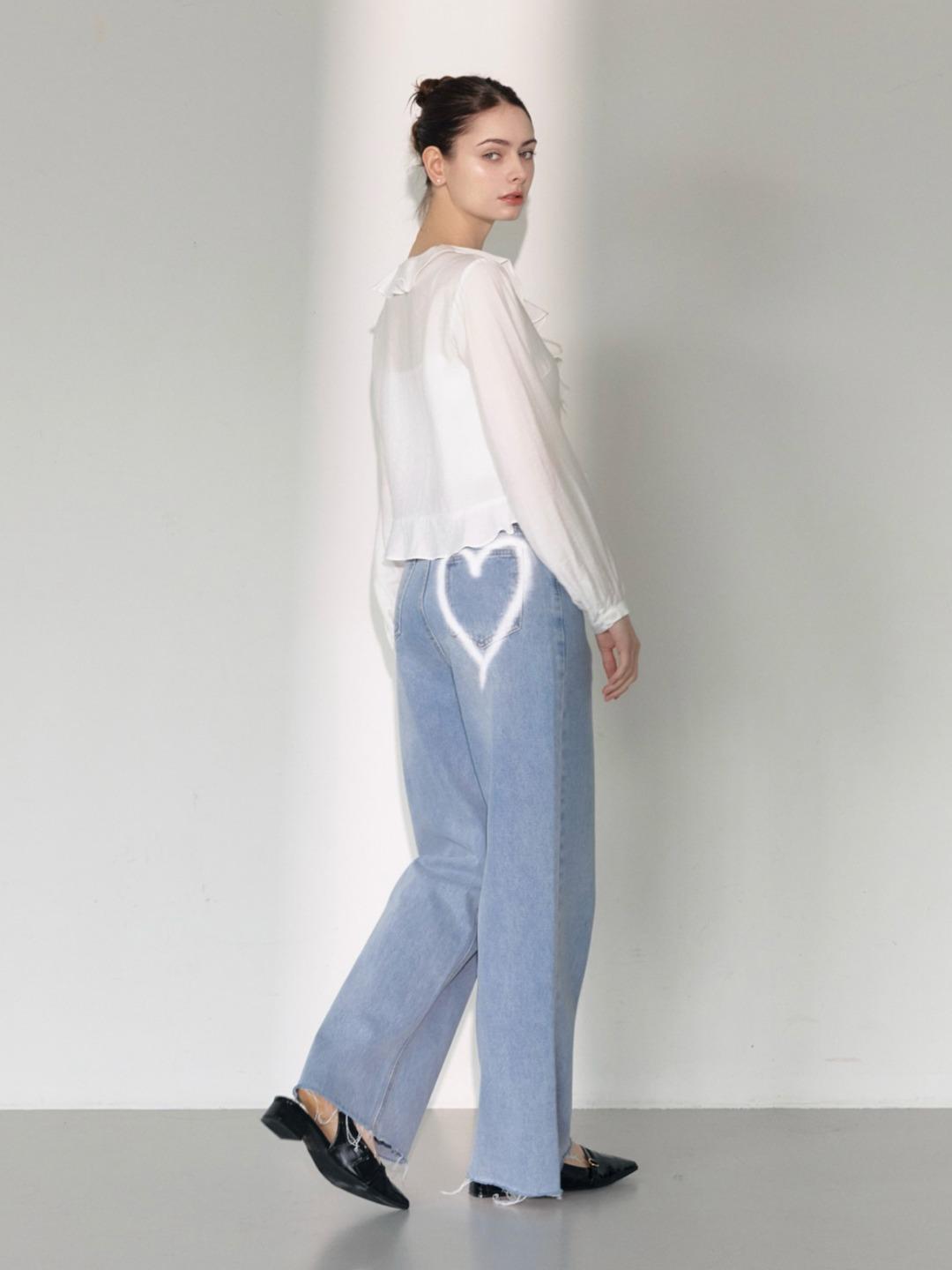 하트 포인트 워싱 데님 팬츠