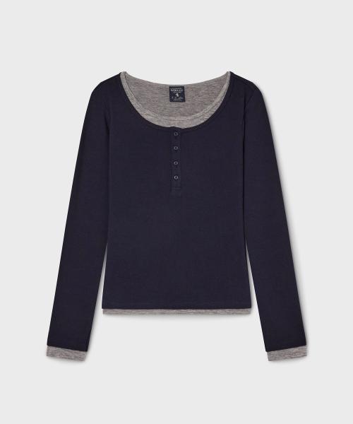 Layered Henry Neck Long Sleeve T-Shirt/WHLAG2283F