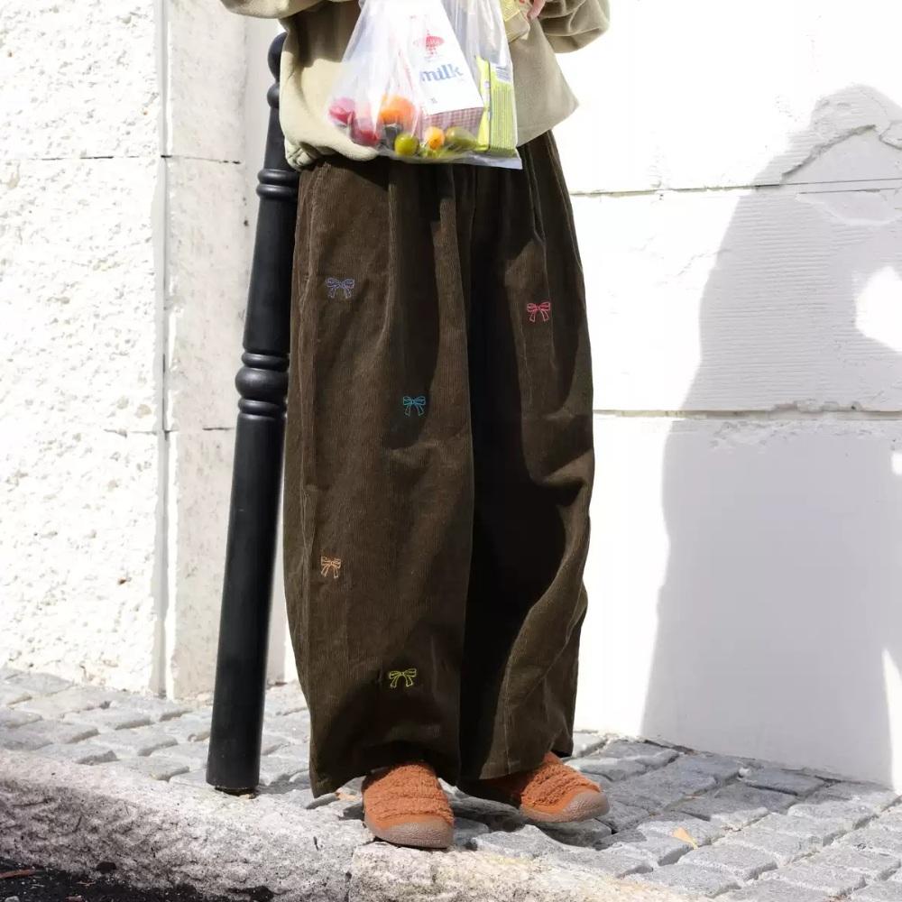 ODD MAKER 리본 자수 와이드 코듀로이 팬츠 골덴 통 바지