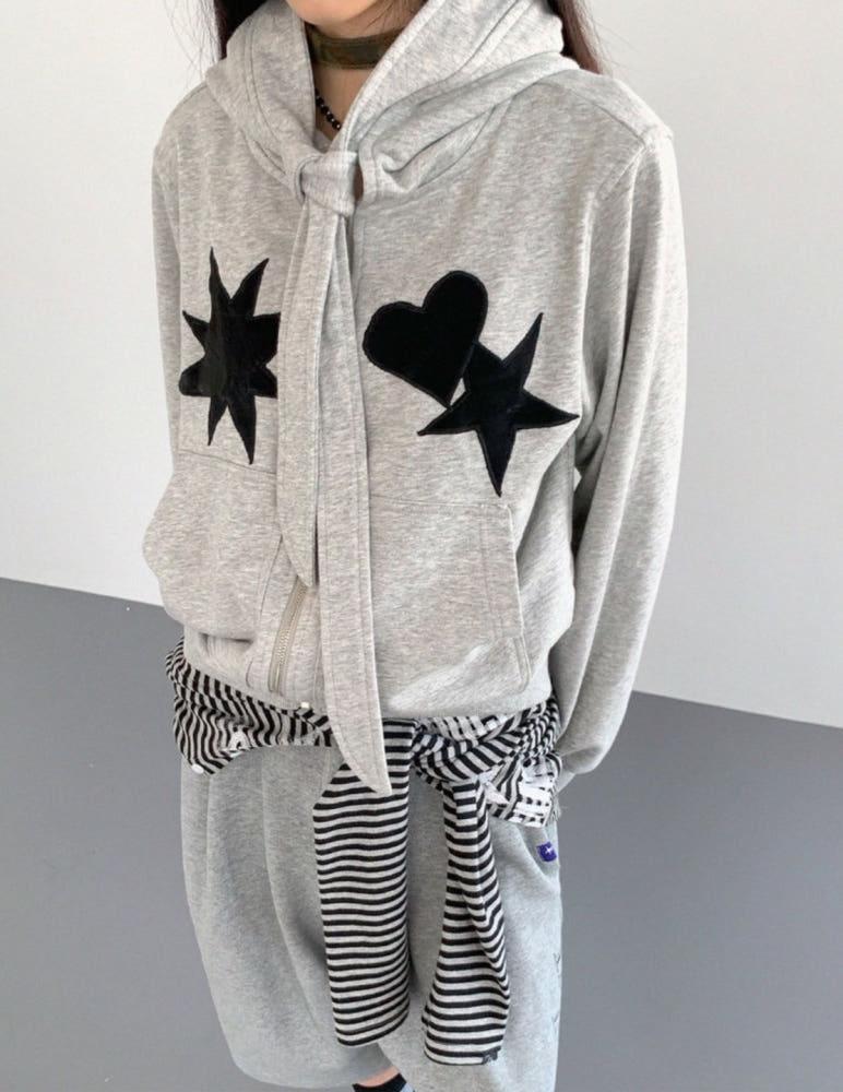 innomoood 레더 패치 넥타이 후드 티셔츠