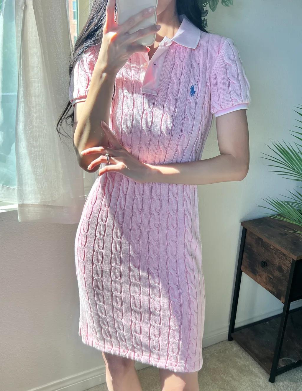 폴로랄프로렌 여성 슬림핏 꽈배기 반팔 원피스 (핑크)