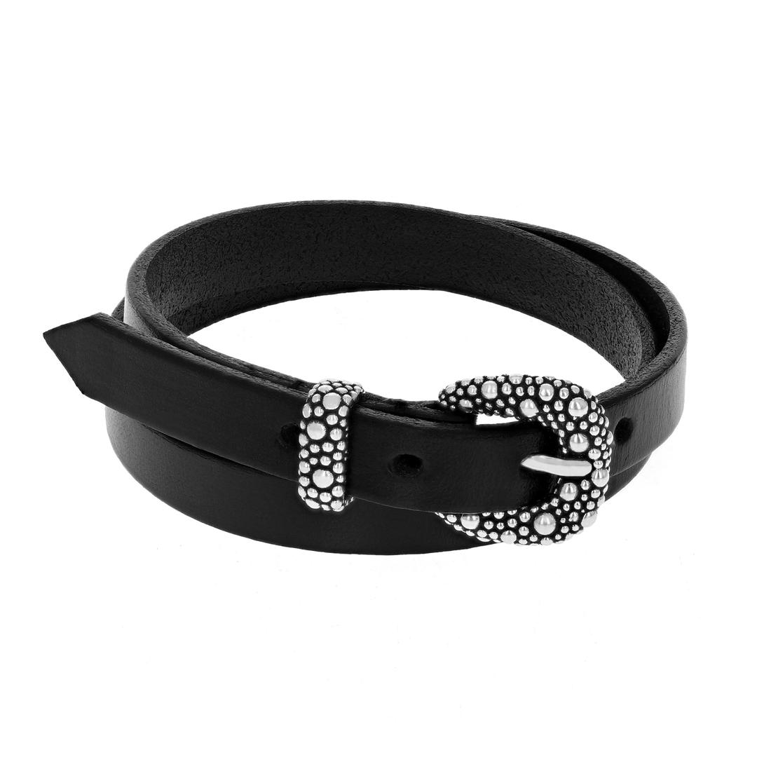 Black Double Wrap Leather Bracelet w/ Stingray Buckle