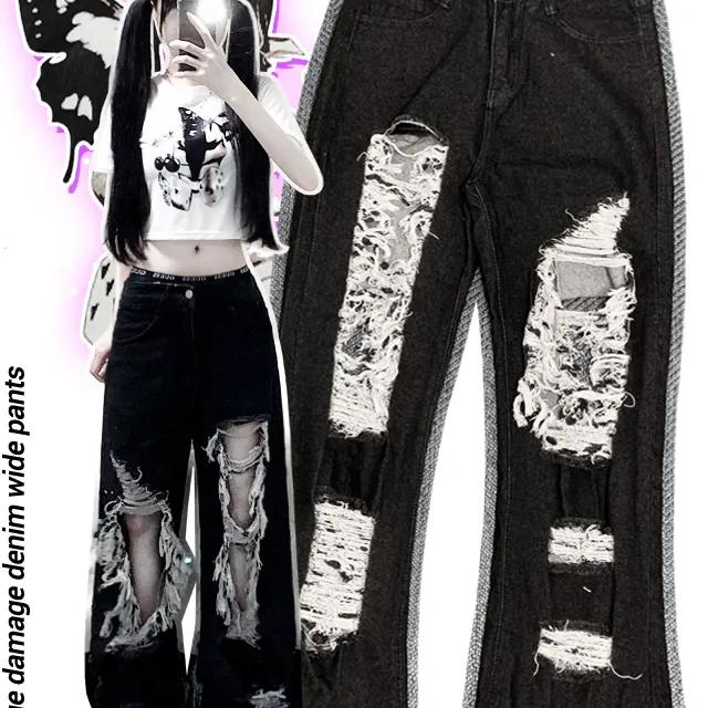 그런지 데미지 데님 와이드 팬츠