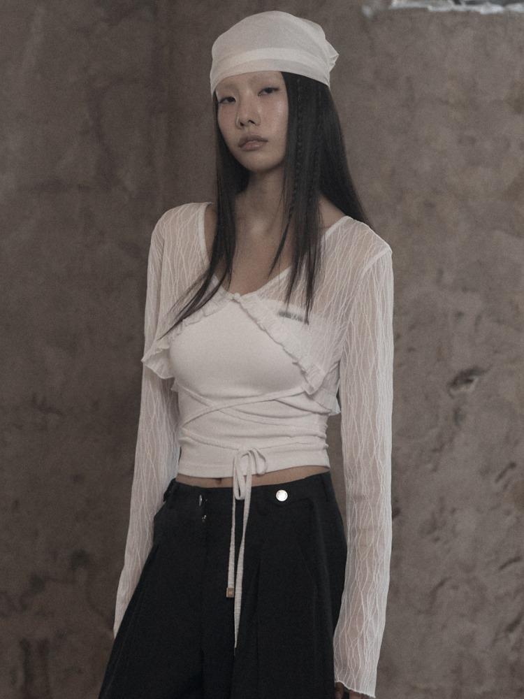 [mnem] Woodgrain Bolero Cardigan (white)
