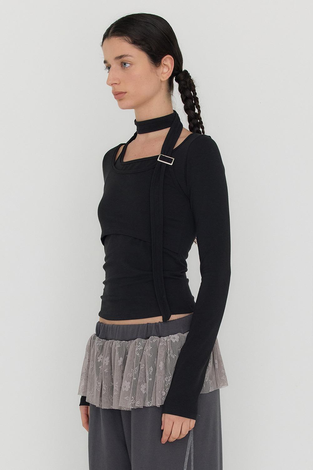 KATRINA BELT SCARF LAYERED T - BLACK