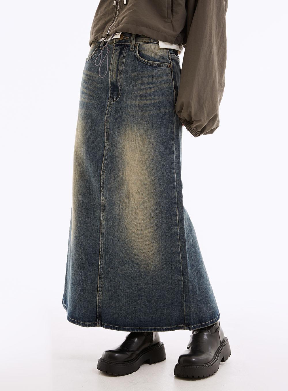 튤리 워싱 데님 롱스커트