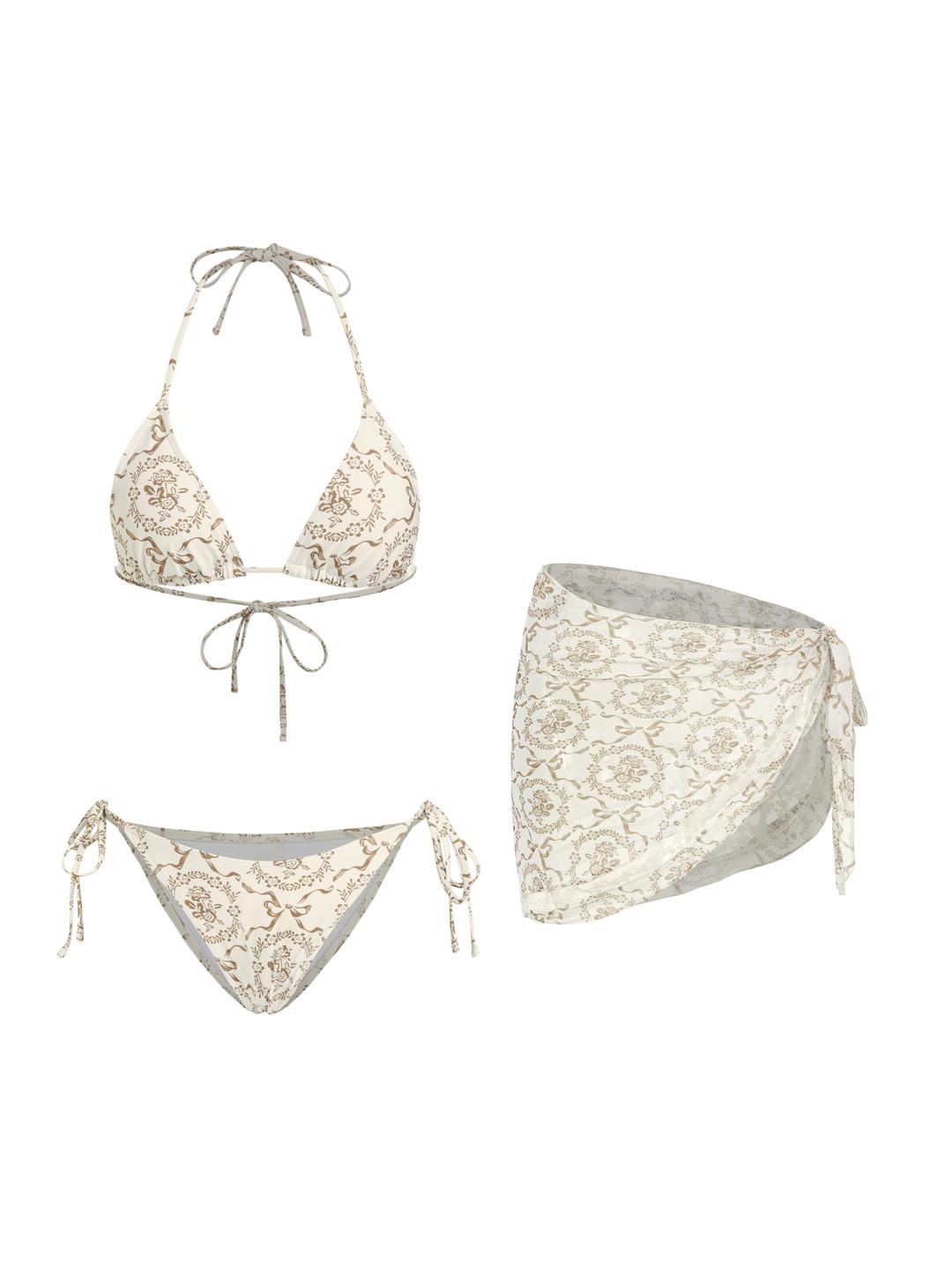 V-neck Bowknot & Flower Knotted Halter Tie Side Bikini Set With Lace Sarong