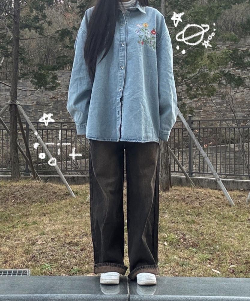 초코 브라운 워싱 와이드 데님 팬츠