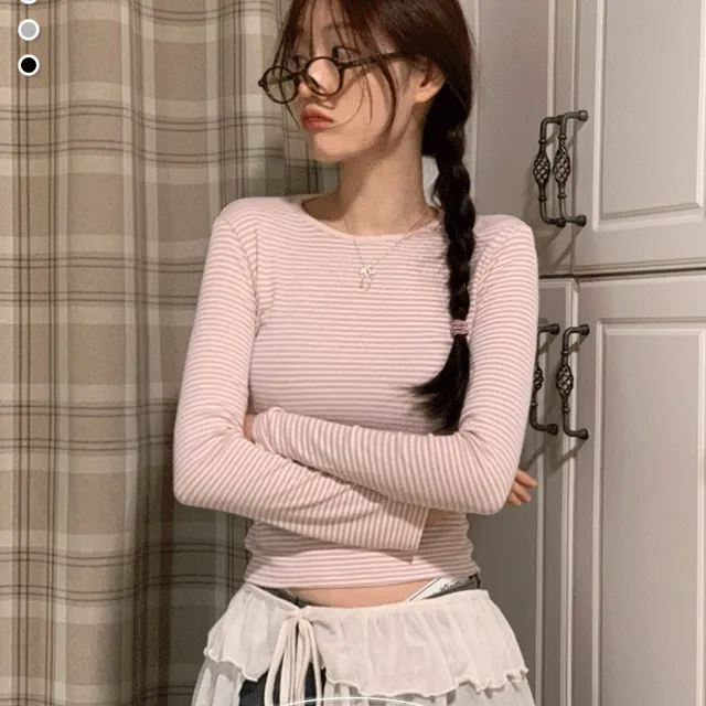 [핑크스트라이프🫧]니어 여리 슬림핏 텐션 골지 배색 스트라이프 라운드넥 롱슬리브 티셔츠 4color
