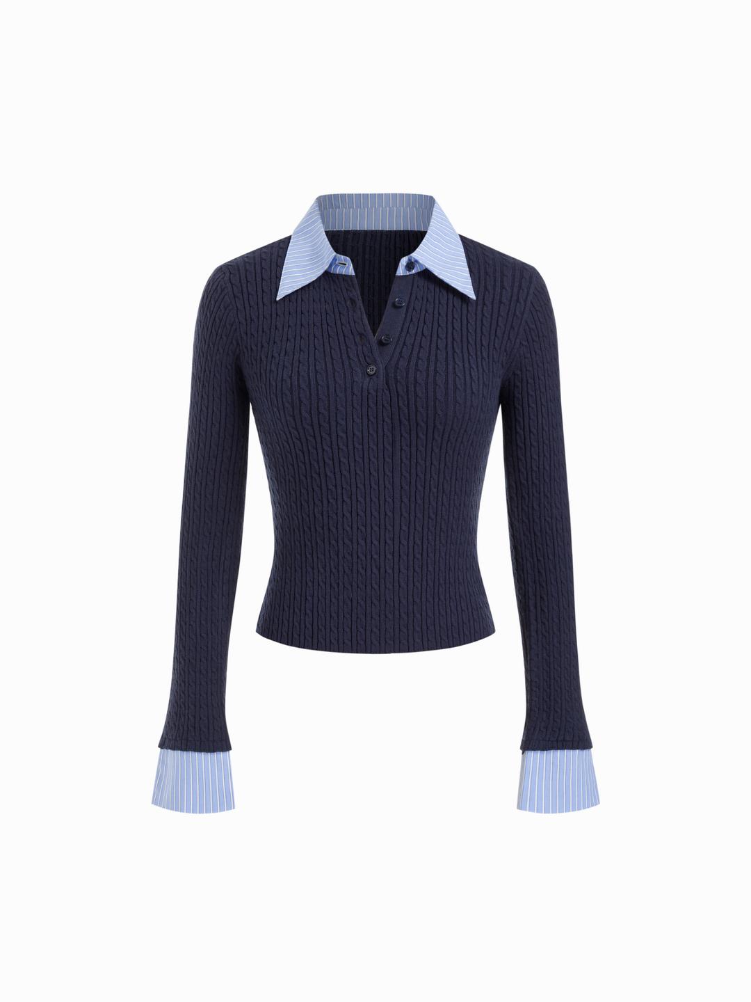 Cable Knit Collar Long Sleeve Stripe Top