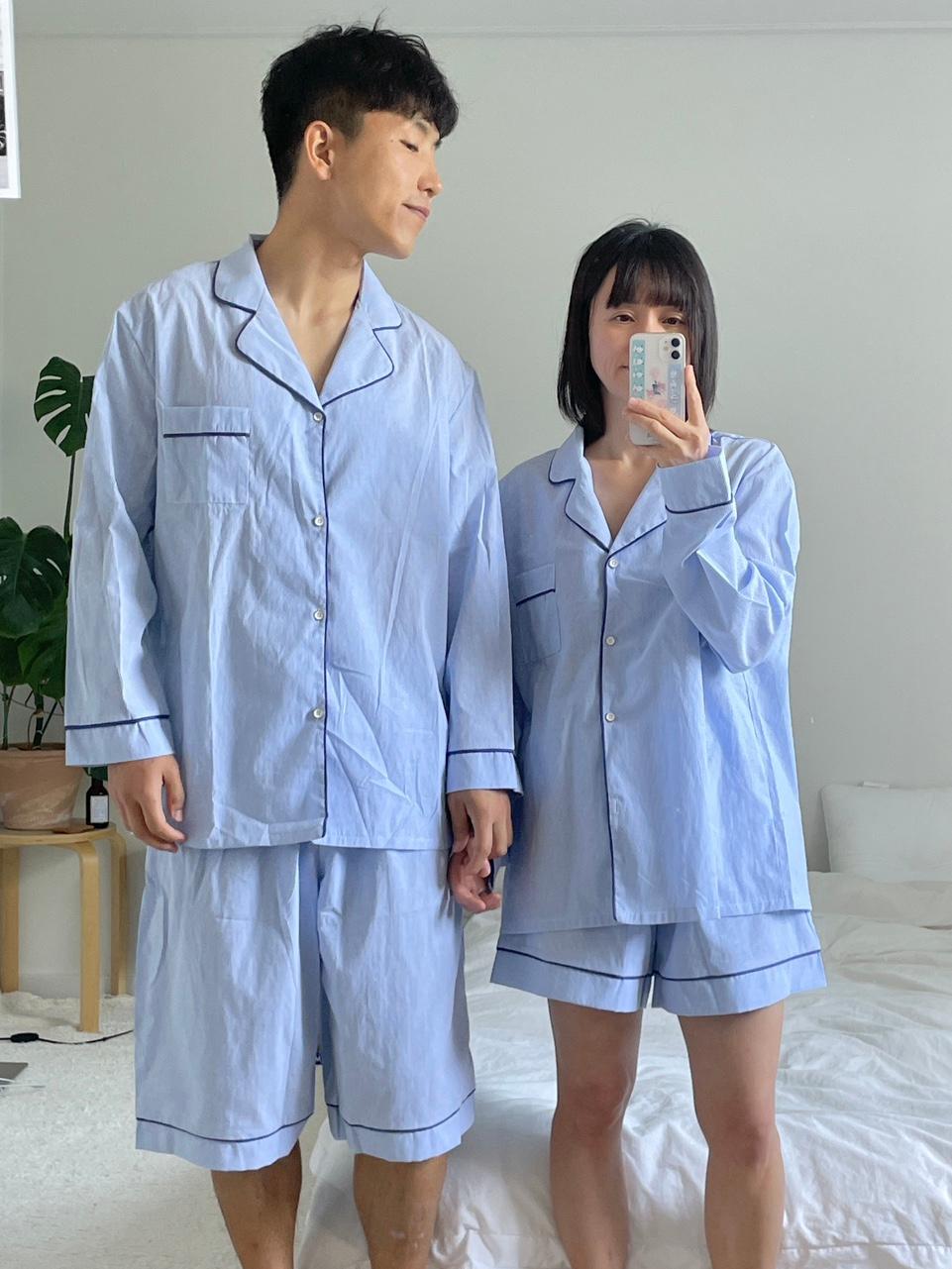 론드흐 (블루 / 화이트) 가볍고 시원한 스트라이프 긴팔 반바지 잠옷 커플파자마 여름잠옷 홈웨어