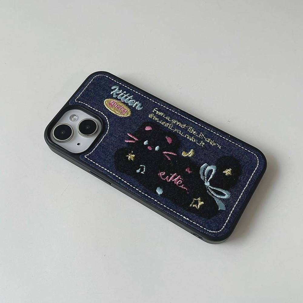 수심 Denim Meow Case 데님 고양이 아이폰 케이스 진청 폰 유니크