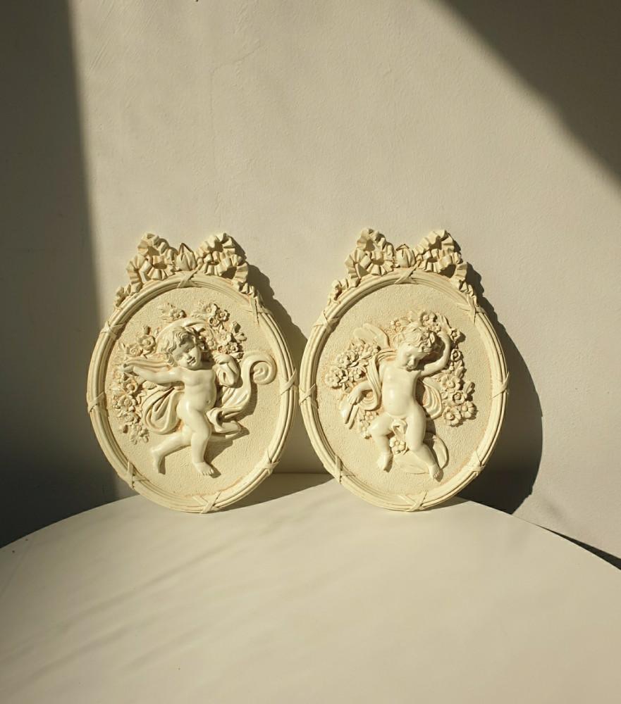 천사 아이보리 리본 타원형 벽걸이 액자 세트 벽장식 몰딩 엔틱 앤틱 빈티지