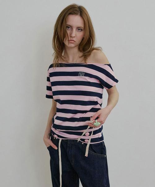 Button Stripe Tee Pink
