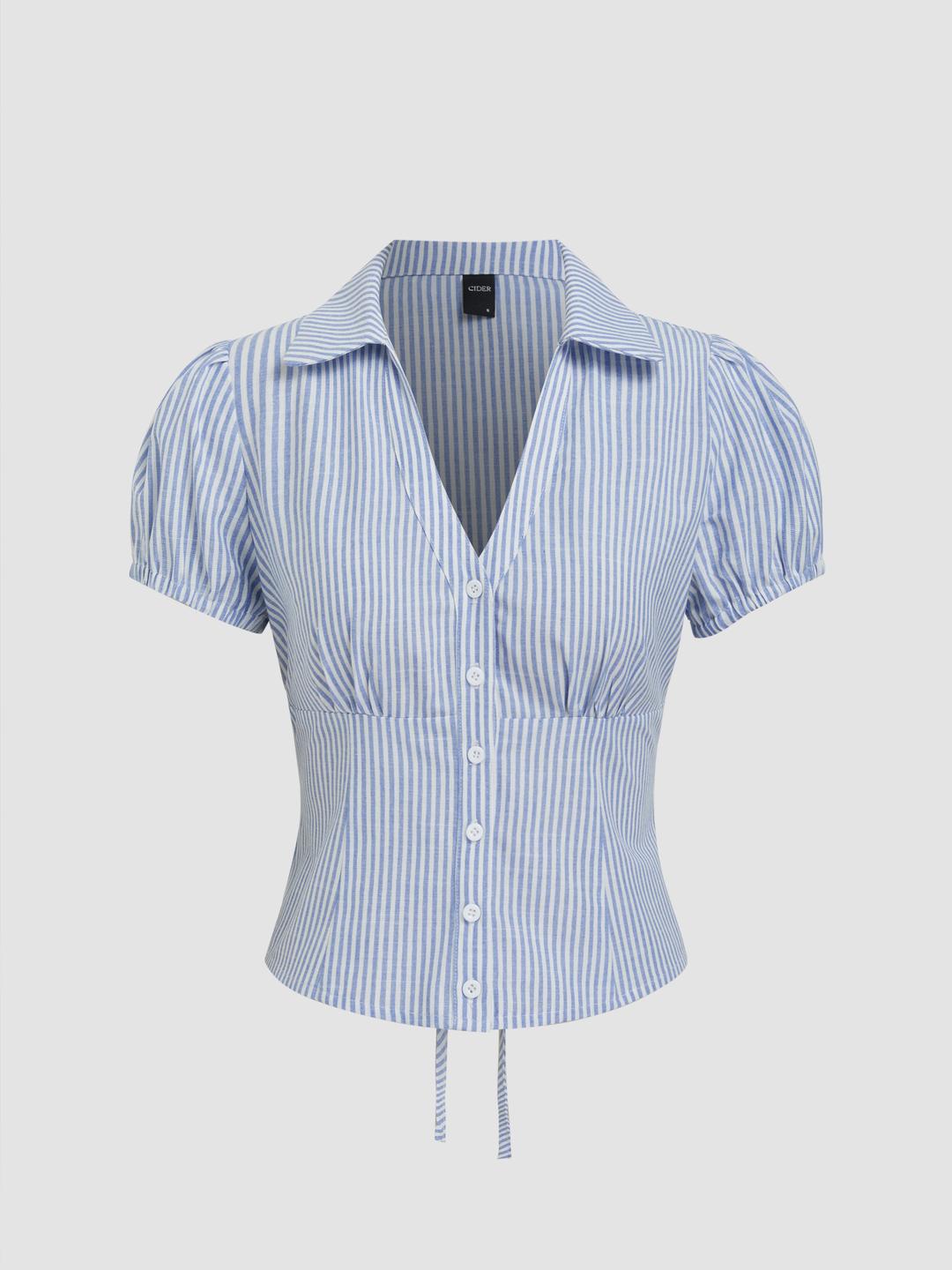 Cotton-blend V-neck Stripe Tie Back Shirt